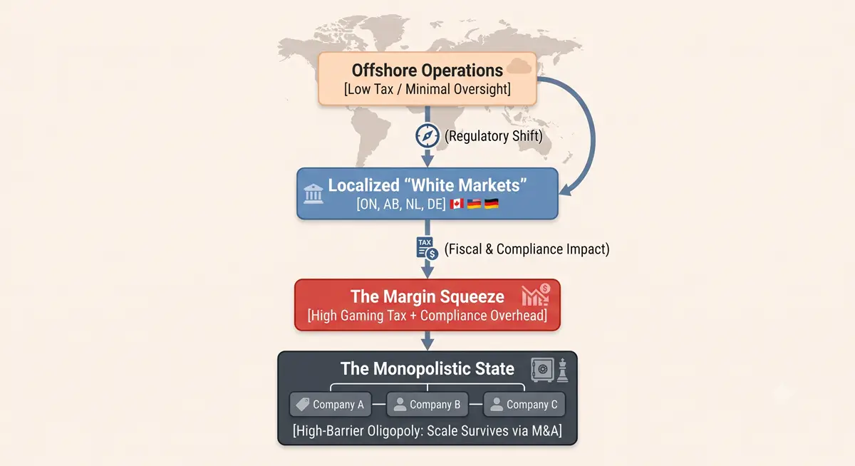 Flowchart mapping the iGaming consolidation wave: offshore operations move to localised white markets, triggering a margin squeeze and a high-barrier oligopoly consolidated through M&A.
