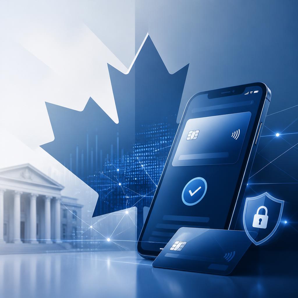 Smartphone with digital payment card and Canadian banking security shield representing Interac e-Transfer