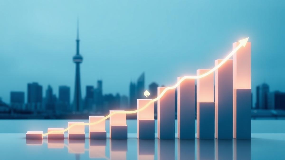 Rising financial chart bars with a faint Toronto skyline representing Ontario's growing online gambling market