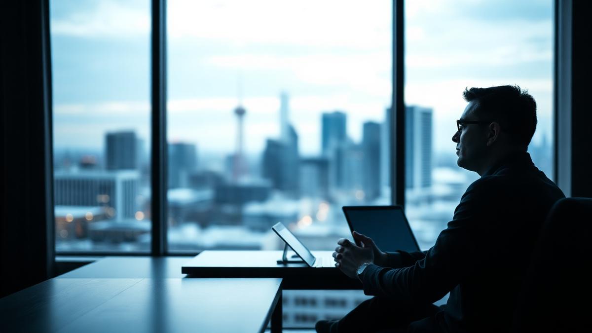 A person reflecting in a dimly lit office with a Canadian city skyline visible through the window