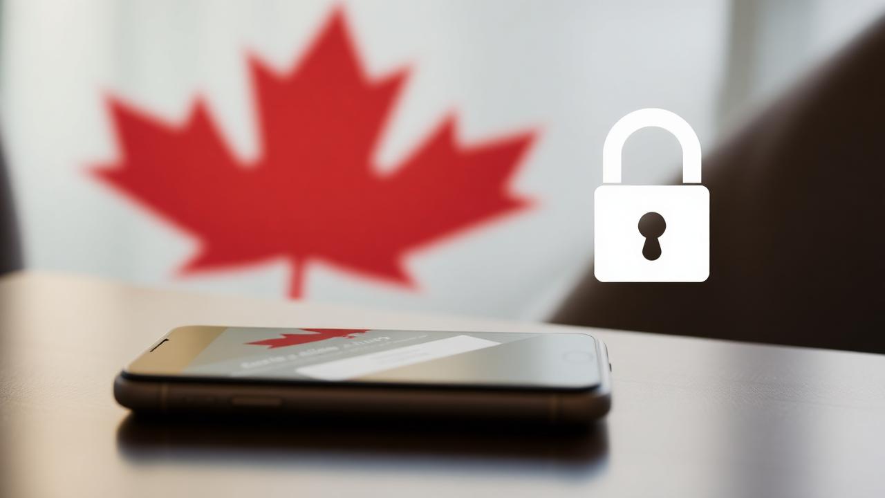A smartphone on a table showing a gambling app self-exclusion screen with a padlock icon and a blurred Canadian maple leaf
