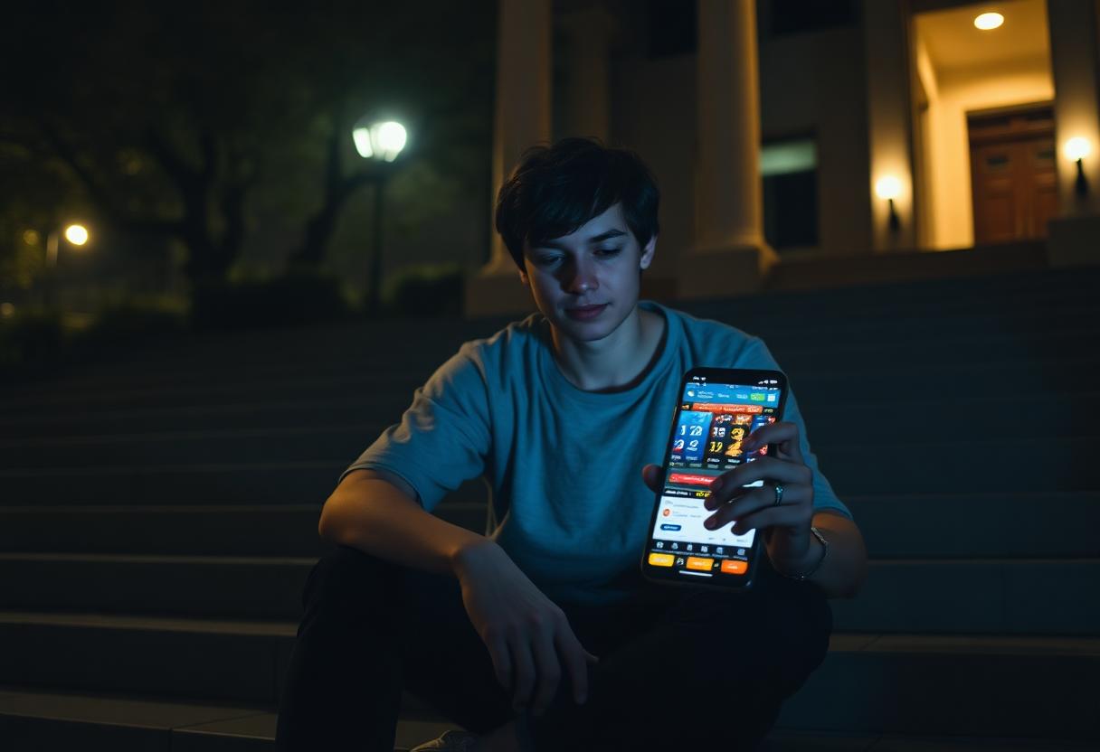 A young university student sitting alone on campus steps at night, lit by the glow of a sports betting app on their phone